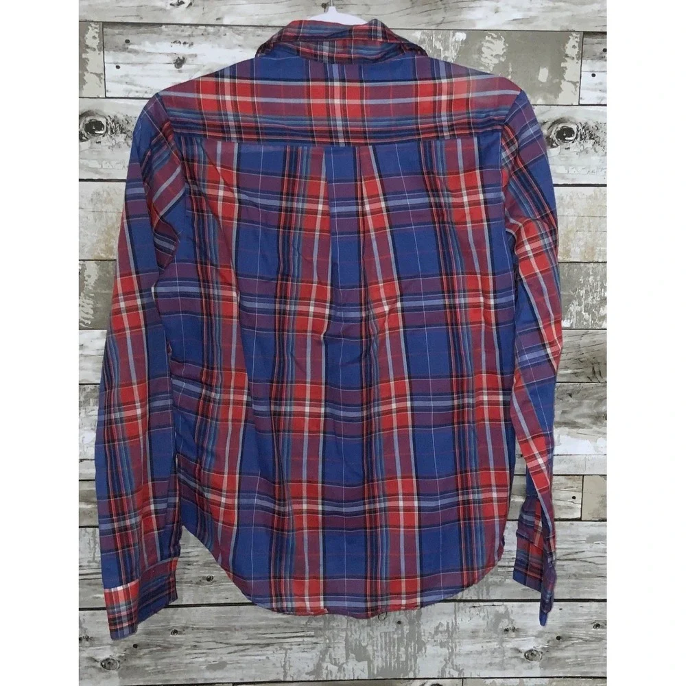 Vintage Square One Girls Red Blue‎ Plaid Button Front Long Sleeve Top Size 14